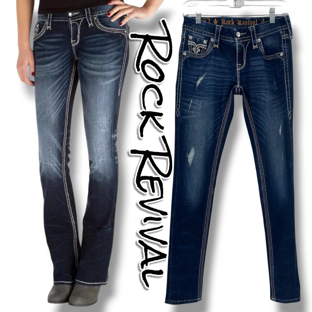 Rock Revival Drew Cutoff Skinny Jeans 26 Blue Distressed Rhinestone Flap Pockets